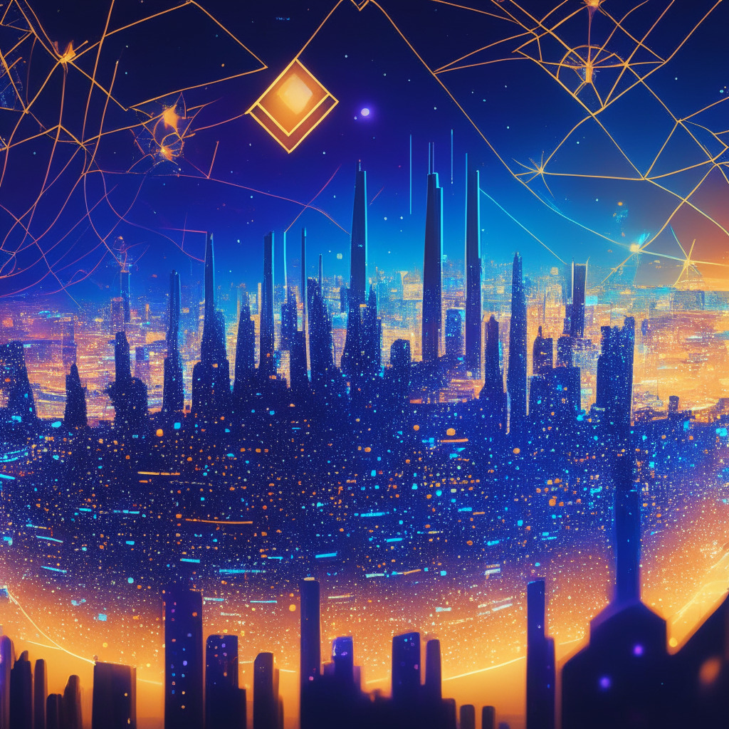 A futuristic, glowing panorama of the Metaverse, radiant with metaphoric EU stars shining over a sprawling, digital cityscape, internet nodes resembling crypto coins, towering AI structures, silhouettes of virtual tech giants in the background. The scene is vibrant with prosperous yet regulated growth represented through orderly, geometric patterns. The mood is optimistic, set in cool evening shades, depicting EU's techno-utopia.
