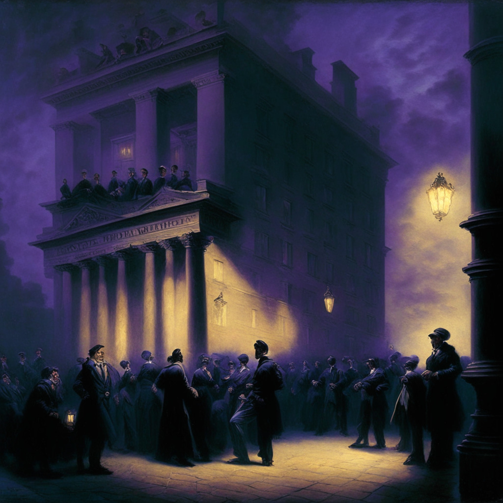 A 19th-century styled oil painting of a cryptic crypto scene springing to life on Wall Street beneath a deep mauve evening sky, radiating a mood of anticipation. Federal Reserve officials cloaked in dramatic shadows, whispering hasty decisions with glowing eyes fixated on the upcoming rate hikes, accentuating the prevailing uncertainty. Pale light reflects off numbers signaling economic data and employment trends, intensifying the scene's speculative mood. A tempest brewing in the background symmetry of soft waves represents the unpredictability of cryptocurrency. The overall tone of the image is one of intrigue, suspense, and intense vigilance.