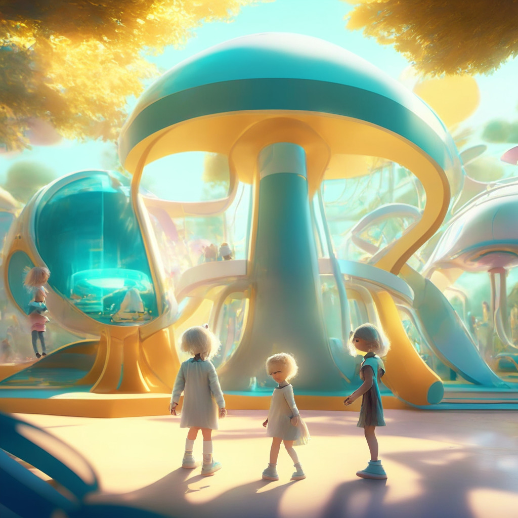 Futuristic playground with AI enhanced NFTs in a serene, safe environment, children interacting with friendly digital characters, rays of soft, warm light symbolizing safety, playful tones, with a hint of Renoir's impressionistic style for a childlike innocence mood.