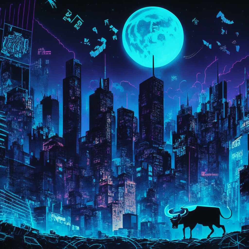 Dazzling digital cityscape under a moonlit sky, metropolis alive with neon currency symbols of X and WSM tokens, twinned with the silhouettes of bulls and bears subtly embedded in the skyline, implying a crypto market volatility. The scene exudes a mysterious, upbeat mood, emphasizing the frantic energy of the crypto industry. Street art style graffiti adds a rebellious vibe, symbolizing memetic rebellion.