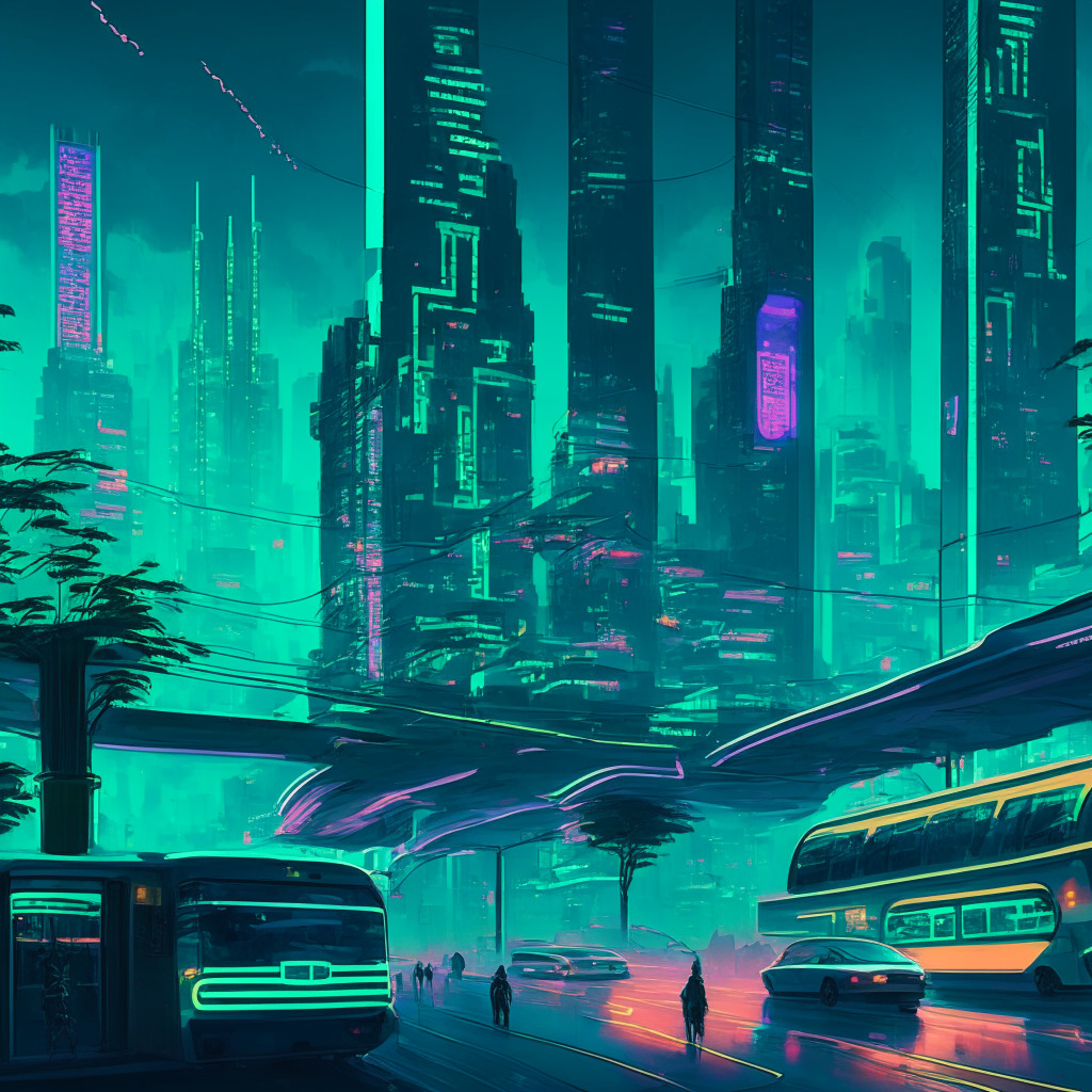 A future-oriented Chinese cityscape during dusk, with an emphasis on modern-styled, bustling bus services, painted in bold blend of cyberspace blues and digital greens. Fill the scene with technological elements symbolizing financial digitization, Capture sense of convenience, incorporating hints of vibrant, neon-lit yuan symbols. Mood: progressive, dynamic.