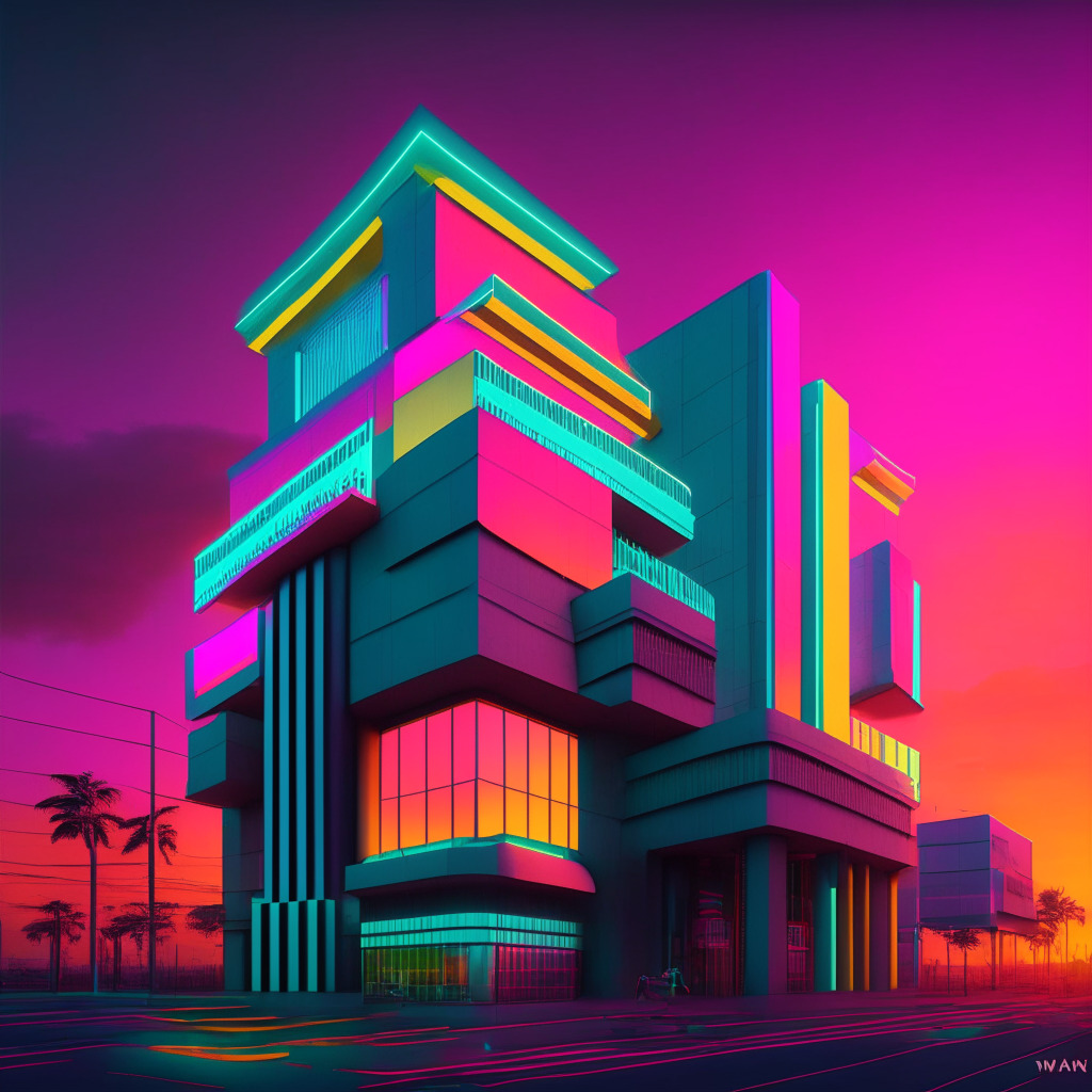 A 3D illustration of a futuristic bank in urban Myanmar during sunset, with a backdrop of political turmoil. The building, inspired by Blockchain architecture, radiates neon colors, symbolizing the Spring Development Bank's innovation. The atmosphere is juxtaposition of hope and uncertainty. It is busy, with vibrant digital transactions taking place, hinting at increased financial inclusivity. However, shadowy figures roam the city, representing the current regime and looming regulatory concerns.