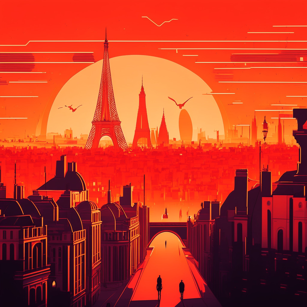 Evening view of Parisian cityscape, symbolising France's prominent position in the global blockchain landscape. A backdrop of warm orange and red hues, signifying sunset and the dawn of a cohesive European crypto ecosystem. Foreground elements depict a blend of classical architecture with futuristic blockchain and Web3 motifs. Dynamic community, represented by diverse figures interconnected with lines - a network of blockchain developers. The atmosphere is one of anticipation, driven by France's positive attitude toward crypto advancement.