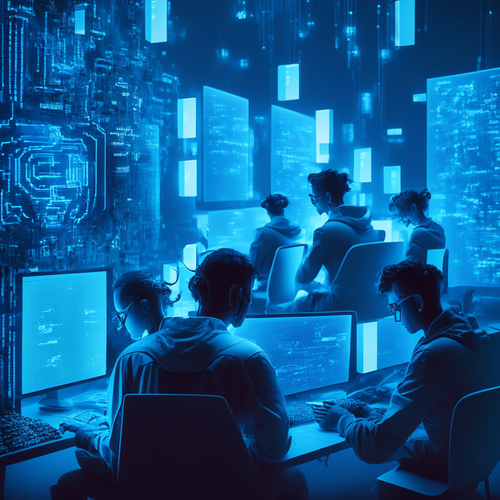 A futuristic scene bathed in soft blue lighting, showing tech-savvy individuals immersed in computer screens brimming with codes and language models, engaged in deep conversation. Emphasize the mood of intense concentration, paired with luminous graphics symbolizing AI transformers, programming language, and continuous learning process.