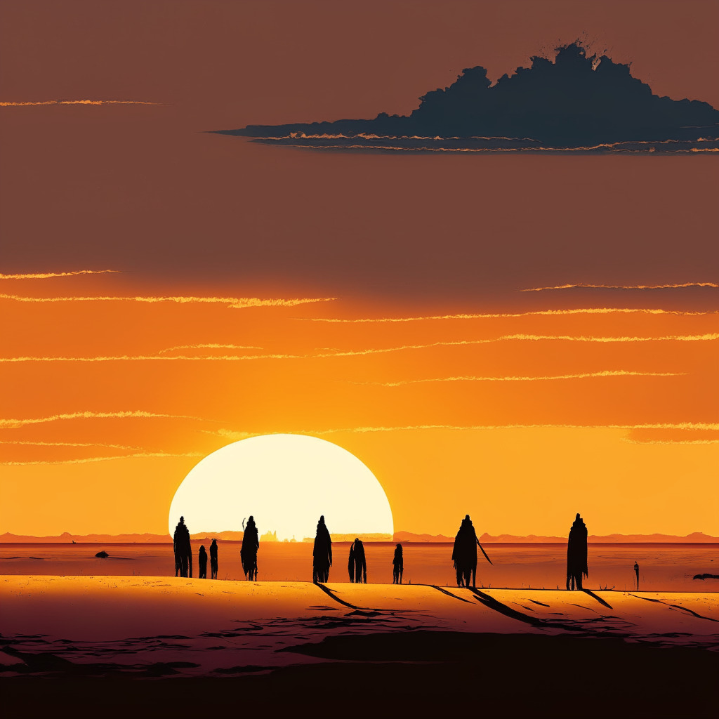 Sun setting over a stark Namibian desert, a tempest brewing in the distance symbolizing crypto regulation. Figures in silhouette, representing lawmakers and digital assets holders, standing resolute. The colors are muted, a nod to the somber yet hopeful mood. Shadows cast hint uncertainty, while rays piercing clouds embody potential for a secure future.