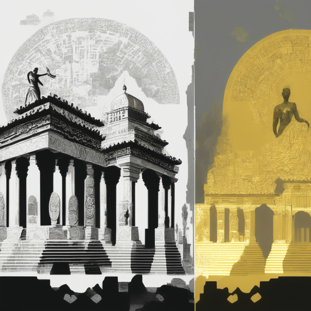 A digital canvas split into two: On the left side, vibrant emerging markets like India and China supporting Central Bank Digital Currencies, represented by virtual golden coins with motifs of traditional architecture. On the right side, a grayscale, developed landscape with skeptics, symbolized as pixelated figures. The painting style suggestive of digital expressionism, with dramatic play of light, stark contrasts and rich textures. The mood of the image balancing hope and skepticism.