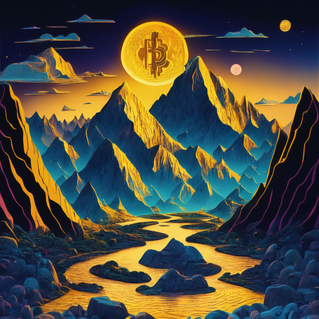 Dusk-lit, surreal landscape of a digital gold rush, Ethereum and Bitcoin represented as solid, unwavering mountains. Boisterous rivers of various meme coins springing from the mountain base, dynamic, filled with promise and risks. A dawning moon symbolizing $MOON coin ascent. Hints of Pop Art style, lighthearted yet cautionary mood.