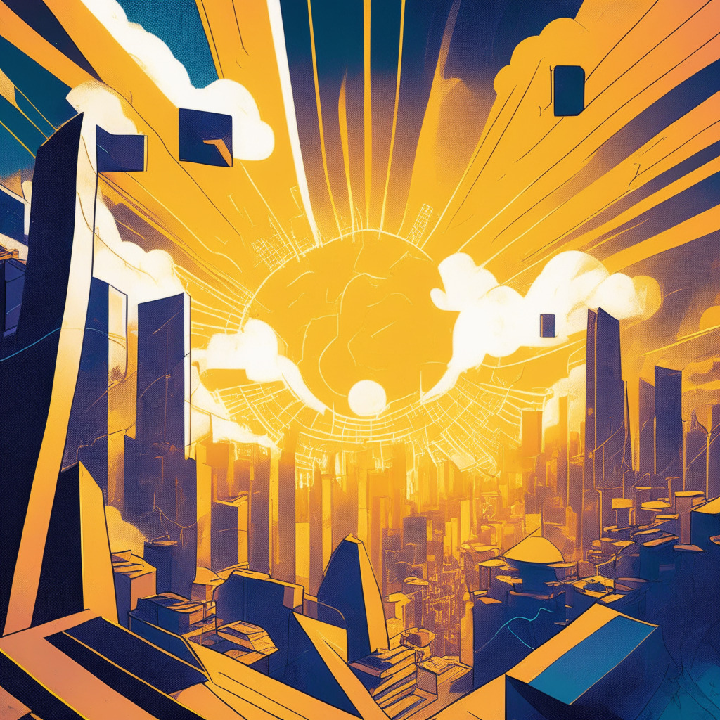 A bustling digital marketplace set in a futuristic skyline. Ether tokens rise represented by bright yellow-orange beams piercing through indigo clouds, hinting at growth. A trader, drawn in an abstract cubist style, diligently balances scales. The setting sun implies time passing, evoking high-stake decisions. A translucent SEC emblem hovers overhead, emitting a hopeful green light. Moody, dusk hues underline the drama and unpredictability of the crypto world.