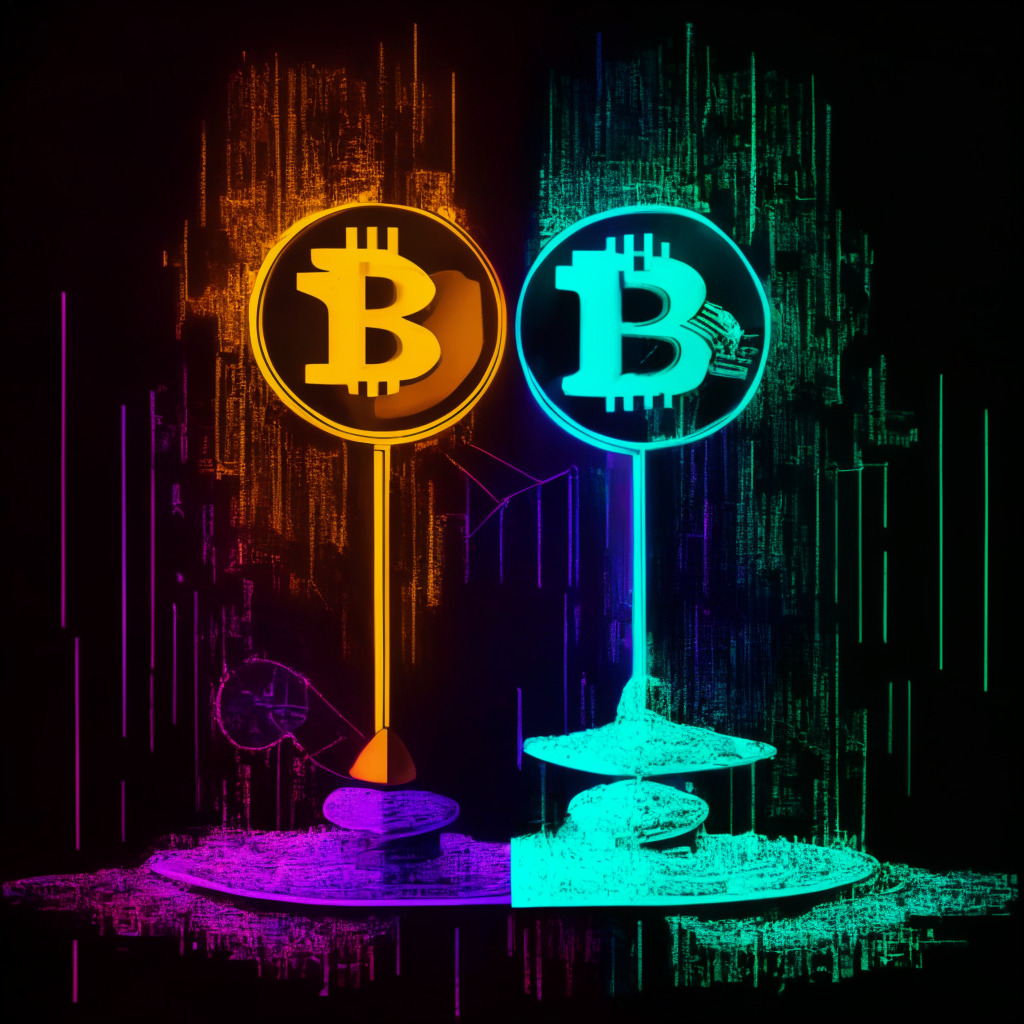 An abstract representation of the Bitcoin ETF approvals in a neo-noir style, with vibrant hues emanating optimism. Central image: a balanced scale, symbolic of equal opportunity, brimming with varying Bitcoin representations. Contrast shadow-lit backdrop with recurring motifs of scales and cryptos. Mood: tense anticipation, with undertones of hope.