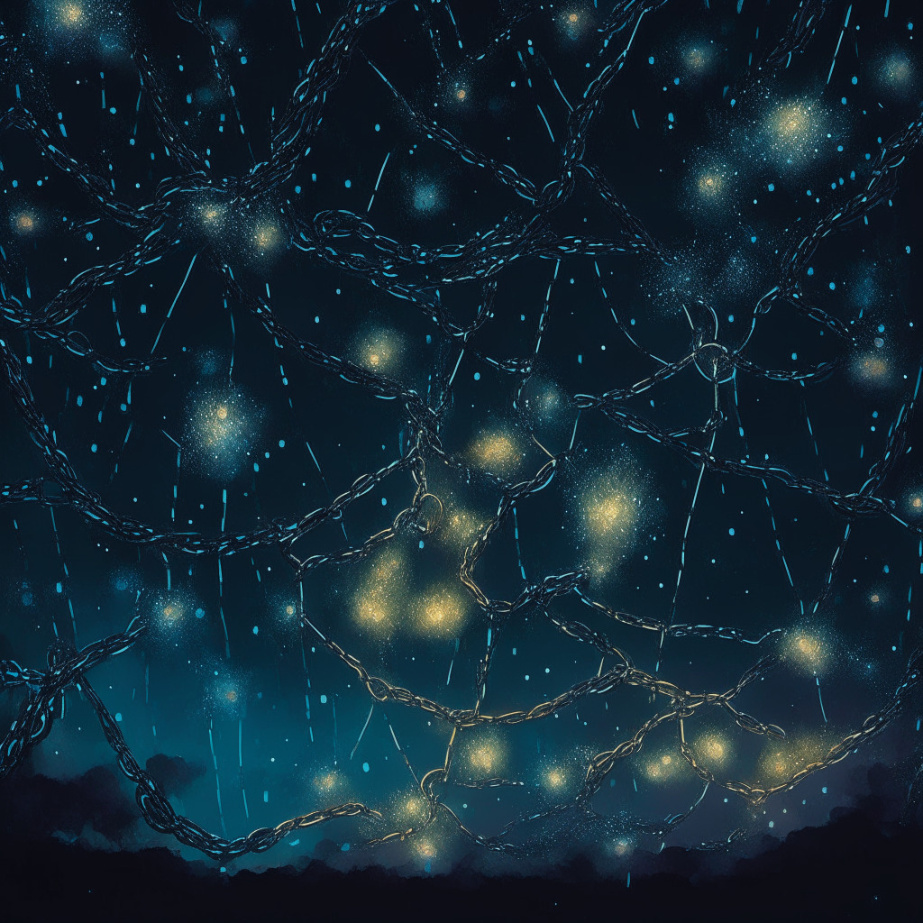 A dense, blockchain network under twilight skies, with translucent chains representing transparency, resilience and vulnerability painted in an impressionist style. Enigmatic shadows symbolize security breaches. Light seeping in from unexpected loopholes indicates potential risks, yet cascading stars reflect hope and inherent flexibility. Mood: Foreboding yet hopeful.