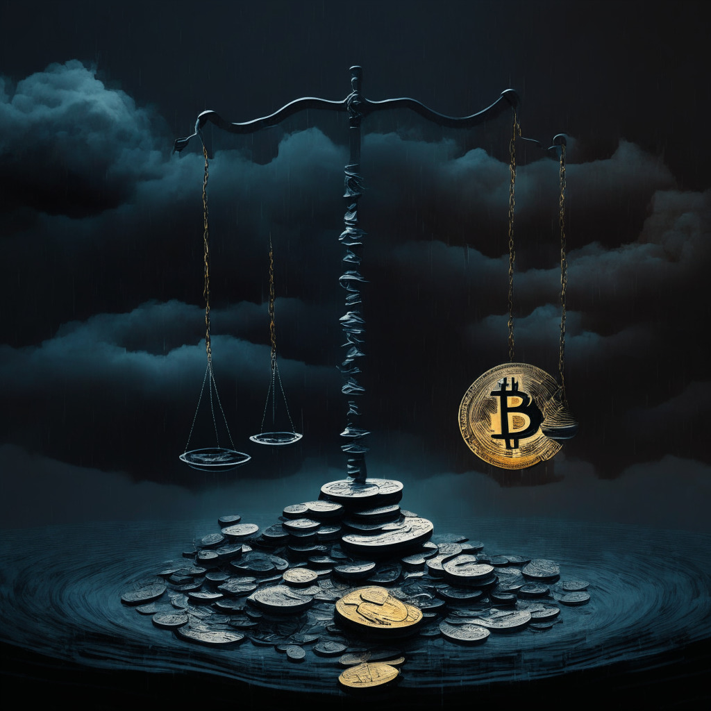 A digitally abstract representation of a legal tug-of-war. At the center, a scale imbalanced with crypto coins on one side and legal documents on the other, under a stark, brooding sky. Ominous shadows play on a dark background embodying unease and uncertainty, reflecting the murky legal waters of cryptocurrency trade.