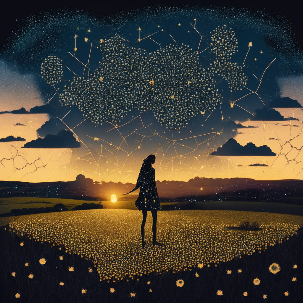 Conceptualize a dynamic matrix of constellations, representing key crypto industry players, over the fertile Portugal landscape at sunset. An image of flourishing young sprout stands in the center, symbolizing the thriving Ethena. The sky reflects the financial turmoil, with stormy clouds percolating, adding a touch of chiaroscuro, setting a mood of anticipation, resilience and daring. In the distant horizon, a golden coin engraved with 'USDe', floats, untouched by the storm, symbolizing stability amidst chaos.