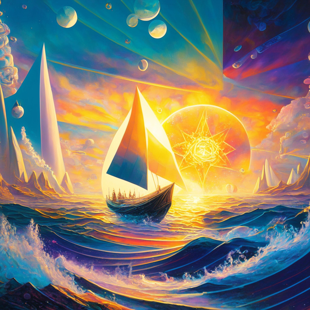 Dawn in ethereal crypto cosmos, light breaking over spanning tide of tokens symbolically crossing the $2,000 barrier, Ether rising prominently, others like Solana, Stellar, MATIC, Cardano's ADA sailing alongside in varying strengths, conveying surge of optimism. Artistic style in surreal colors echoing the mood of optimistic buoyancy, traders' liquidation of positions visible faintly, filtered spotlight on a US court for its pivotal role.