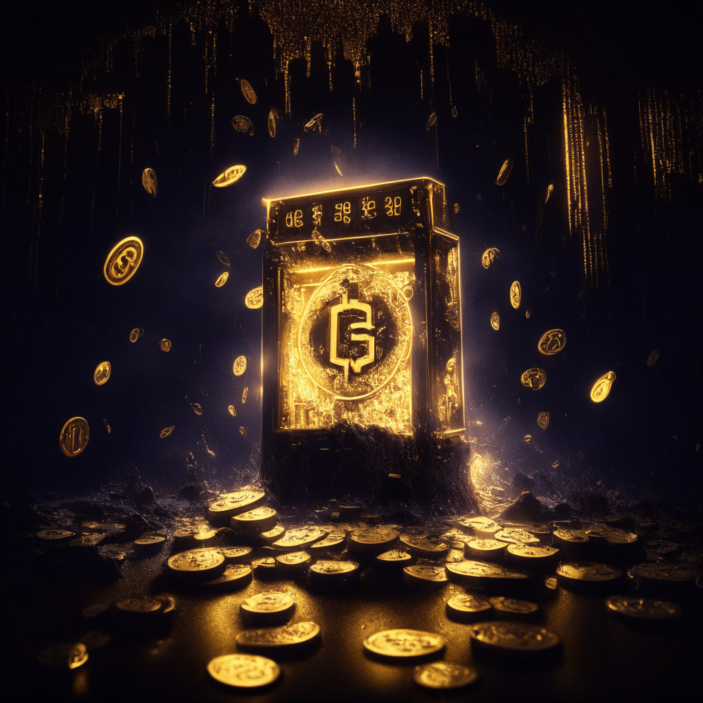 A golden glowing Ethereum symbol against a dramatic, noir-inspired backdrop, intricately crafted chips scattered around, imitating the financial boom seen by Coco's casino. In the fray, a neon-dusted slot machine spits glinting Dogecoin and Pepe tokens, bathed in a flood of atmospheric moody lighting, mirroring the risks and rewards of the DeFi space. The scene embodies the volatile, yet exciting essence of digital assets.