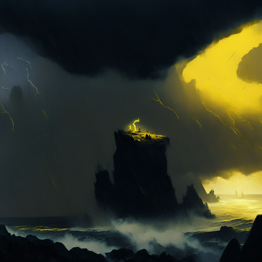 A stormy digital landscape under a gloomy sky with Ethereum tokens spiraling down, towards a dangerously low cliff edge, illuminated by a sickly yellow twilight. Nervous traders witnessing the scene from afar in melancholy. The mood feels heavy and unsettling with ominous clouds casting giant shadows, hinting at the looming 'death cross'. Simultaneously, a sliver of hopeful light emanating from the direction of a grounded strong base, radiating resilience and tenacity, symbolizing long-term holders and staked tokens. In the distant horizon, pale flashes of a surge representing potential buyers at support levels.