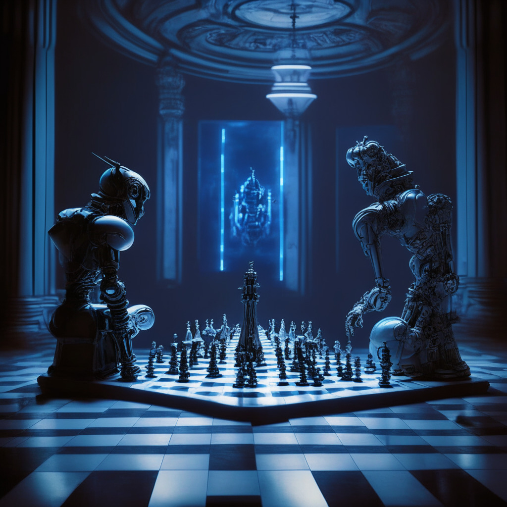A chess game between an advanced robot and a master strategist in a futuristic digital landscape. The robot, representing Ethereum's MEV bots, intelligently maneuvers a piece mimicking the transaction. The strategist, representing the cautious blockchain community, attentively observes. The artwork, setting a mood of intrigue and caution represented through the use of chiaroscuro lighting and baroque style, captures the delicate balance between innovation and exploitation in the realm of crypto mining.