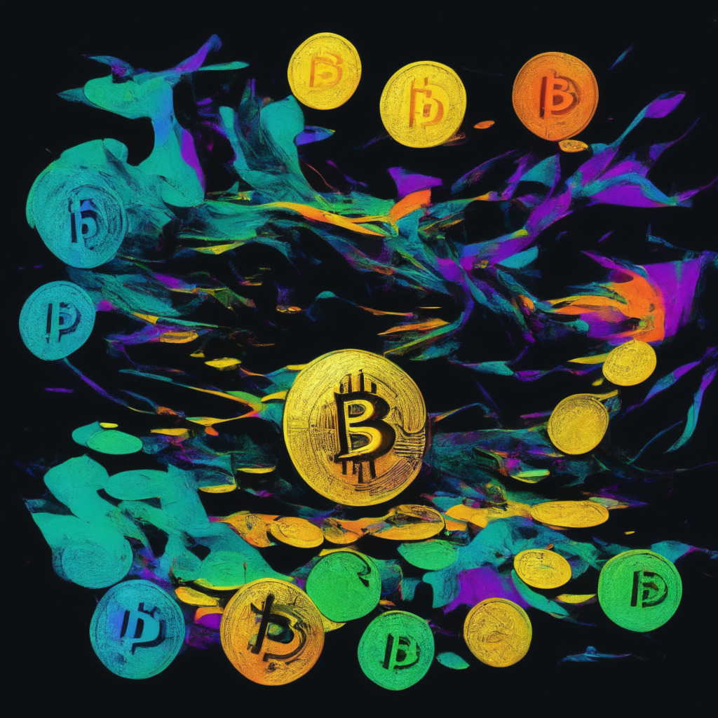 A tumultuous cryptocurrency market with meme coins in a chiaroscuro art style, capturing the risky allure and inevitable downfall. Centered is the abstract representation of a quickly rising and then plummeting coin, symbolizing the $BALD scandal. Bright bold colors suggest an unexpected surge, but swiftly plunge into deep, ominous hues representing a 90% reduction. Shadows hint the deceit of rug-pull scam, exploiting naive investors. On the outskirts, wisps of light indicate hope, symbolizing the potential of the emerging $HAIRY token with its possibly more stable foundation.