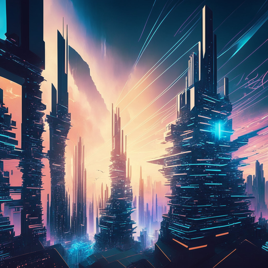 A vast, futuristic cityscape under a radiant, quantum-infused sky, representative of blockchain technology. Intricate structures responding to an energetic pulse embody the StarkNet Quantum Leap's performance enhancement. Dynamic highlights and shadows playing across the scene emphasize the 'unparalleled' throughput surge. Enigmatic figures busy themselves, reflecting the decentralized finance applications. Buildings imbued with snaking, neon contours, symbolizing the StarkWare's commitment to user experience reliability. Mood: vibrant, anticipatory, symbolic.