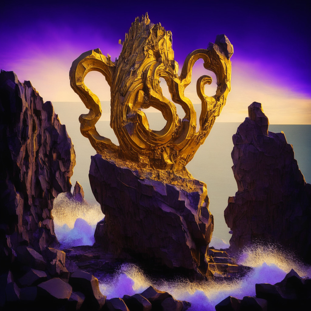 Image of a grand Ethereum sculpture with a lock symbol, carved in gold, atop a rugged cliff. The sculpture signifies 20% of all tokens locked in staking. Alongside, intricate contracts flutter in the soft light of an upcoming dawn, symbolizing approaching turning point in Ethereum staking. Waves of enthusiasm, glowing in vibrant hues, whirl around the sculpture representing a surge of inflows, while whispers of anxiety in the form of grey clouds loom overhead, depicting regulatory uncertainty. In the background, the sketch details a dramatic courtroom, suggesting potential regulatory pitfalls. The foreground shows a seesaw balancing between a briefcase, hinting at the staking yields, and a law book, indicating regulatory challenges. The overall mood is one of anticipation and uncertainty, painted in a Cubist style to reflect the complex dynamics.