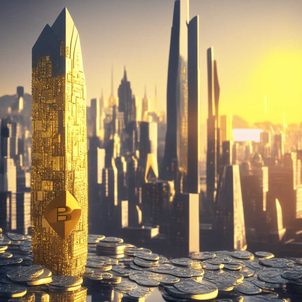 A futuristic cityscape representing the Ethereum blockchain, bathed in golden hour light, suggesting prosperity and high yields. In the foreground, scales symbolize Stader Labs, counterbalancing oversized ETH coins, illustrating reduced staking requirements. There should be a clear contrast between the traditional tall skyscrapers and innovative, sleeker buildings showing Stader's novel approach. The mood is hopeful, highlighting the paradigm shift in staking and the promise of decentralization.