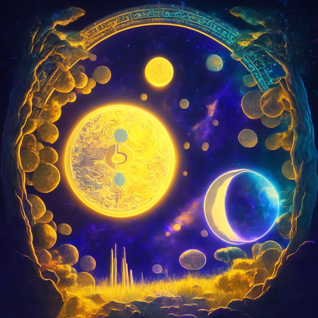 Snapshot of a vibrant crypto universe, two celestial bodies symbolizing Ethereum and Solana in a galaxy of staked coins, reflecting luminescent hues of growth and dominance, Ethereum larger and brighter but Solana glows with evident growth, evening light casts an optimistic glow, rendered in an impressionistic style, mood of intrigue and unpredictability.