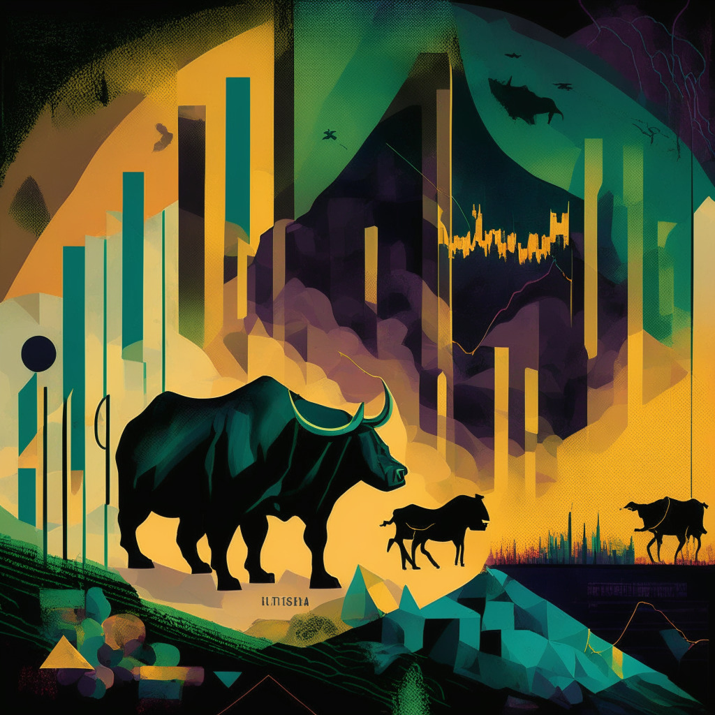 An abstracted financial landscape, twilight mood with elements of optimism, Ethereum soaring over a dipping graph that signifies lowering gas fees, Northern Renaissance style, elements of bull and bear engaged in a visual tug-of-war, lush texture and rich color palette, shaded undertones shadowing areas of uncertainty and risk.