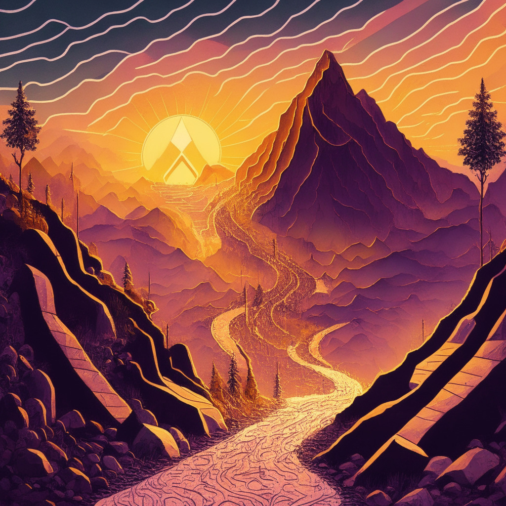 Elaborate image of a steadily climbing mountain path, bathed in the glow of a setting sunset, representing Ethereum's rising trend. Incorporate hints of minor dips and detours to symbolize market corrections. In the foreground, portray emerging altcoin opportunities as enticing side pathways. Art style should juxtapose realism with abstract, capturing the unpredictability and riskiness of cryptocurrency. Mood should convey cautious optimism and anticipation.