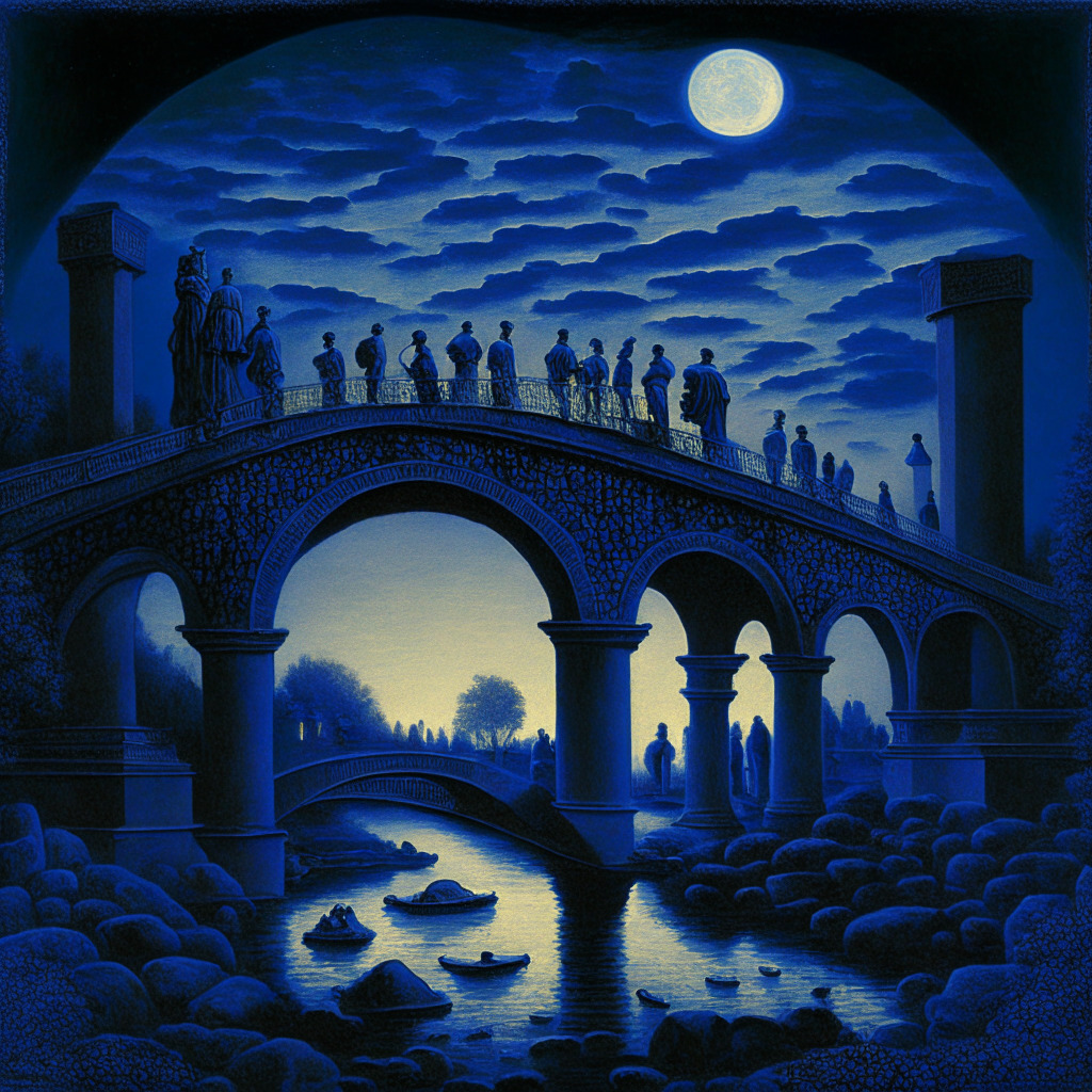 Renaissance-style painting of a grand stone bridge, under an indigo twilight sky suggesting a mood of hope and caution. On one side, figures representing token issuers safeguard a treasury of glowing coins. On the opposite end, a diverse array of networks shrouded in shadows, hinting at the unknown future challenges. The bridge becomes their conduit, embodying the concept of a token bridge, highlighted by a golden luminescence indicating security and order.