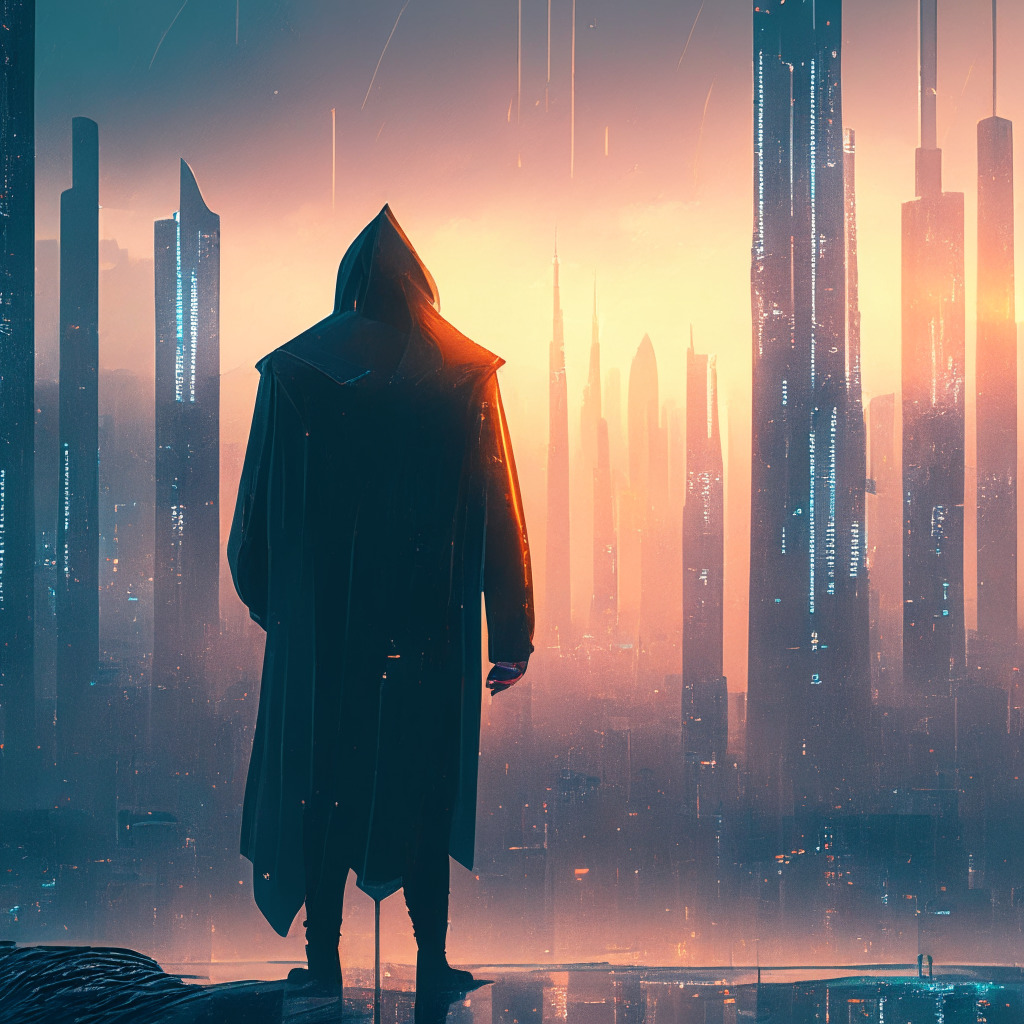 A futuristic cityscape at dawn, bathed in soft warm light with a skyline dominated by towering digital screens showing dynamic graphs and cryptocurrency symbols, primarily Ethereum. It should have hints of a recent rain, streets glistening. In the foreground, a figure, symbolizing a dormant investor, reveals a massive ETH token from his cloak. Mood: resilience, intrigue, and optimism.