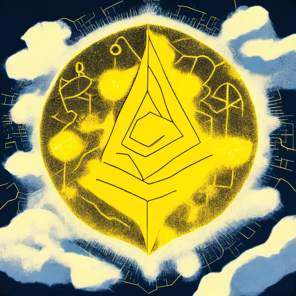 An abstraction of Ethereum and Bitcoin's network battle for scalability improvements. Intricate Ethereum symbol shining bright with advanced transaction techniques, exuding triumph, juxtaposed to a robust but slightly dull Bitcoin symbol maintaining its layer-2 protocol, cast under a yellow-tinted, semi-cloudy sky. A tiny digital art icon, symbolic of Bitcoin Ordinals, is tucked neatly next to Bitcoin. Creative 'baroque' style, creating a mysterious and reflective mood.
