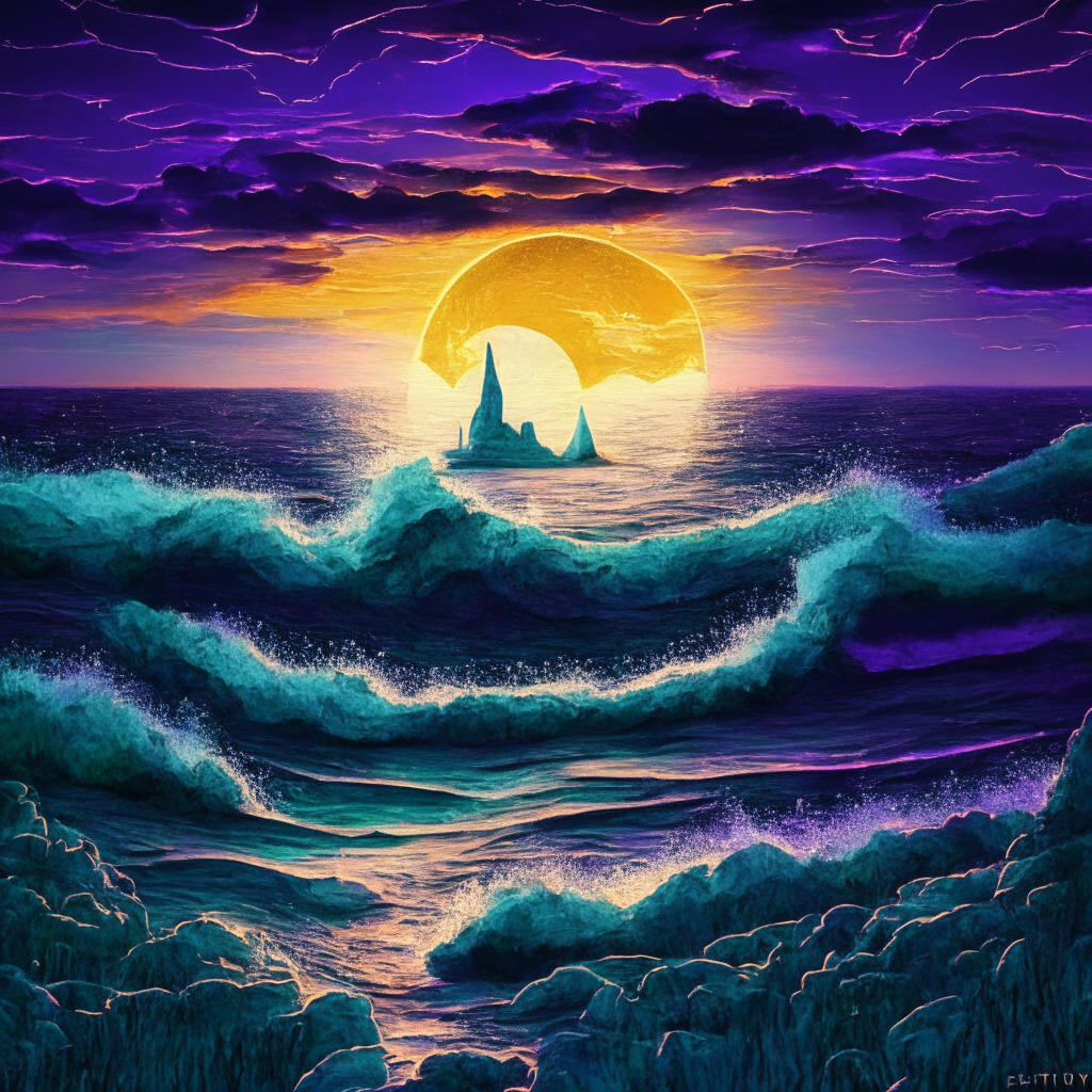 Twilight scene, Ethereum coin center, vibrant hues of growth representing increasing value. Edge of a sea to signify volatility, high waves indicatively showing turbulence. Contrast with serene, glowing horizon, symbolizing optimistic future. Incorporate a subtle visual path, leading towards a bright $2,500 emblem, hinting year's end prediction