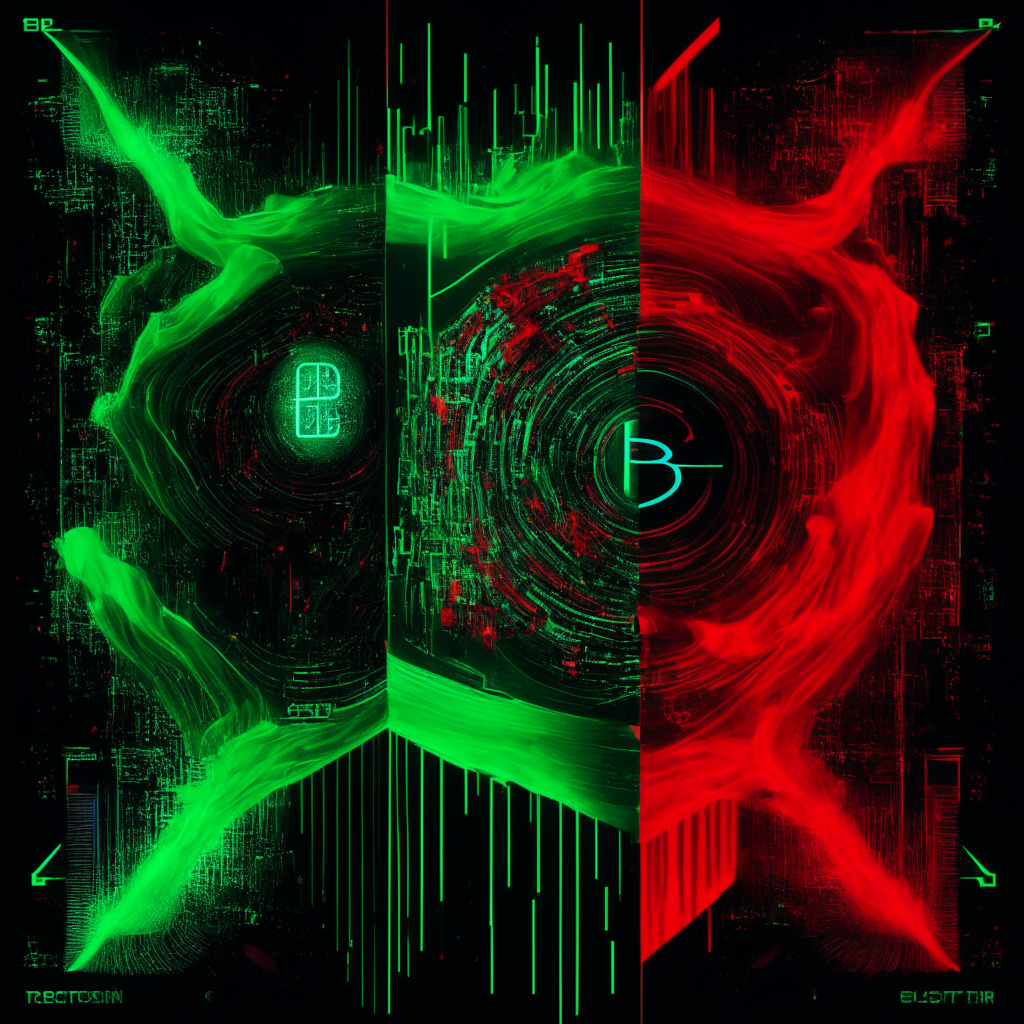 An abstract representation of Ethereum's transition to Proof-of-Stake, cyberspace themed, split composition: one side depicting the previous energy-intensive PoW system - dark, imbued in hues of red and black, visual metaphor of GPUs whirling, the other side showing the sleek, green PoS - soothing blues and greens. The foreground must showcase hidden costs, symbolized by shadowy figures, to hint at the veiled energy consumption and transaction fees. Set under a low, dramatic light, capturing the hue of a dawn symbolizing change, yet uncertainty, rendered in a starkly contrasting chiaroscuro style, enhancing the intense, differential mood of the proceedings.