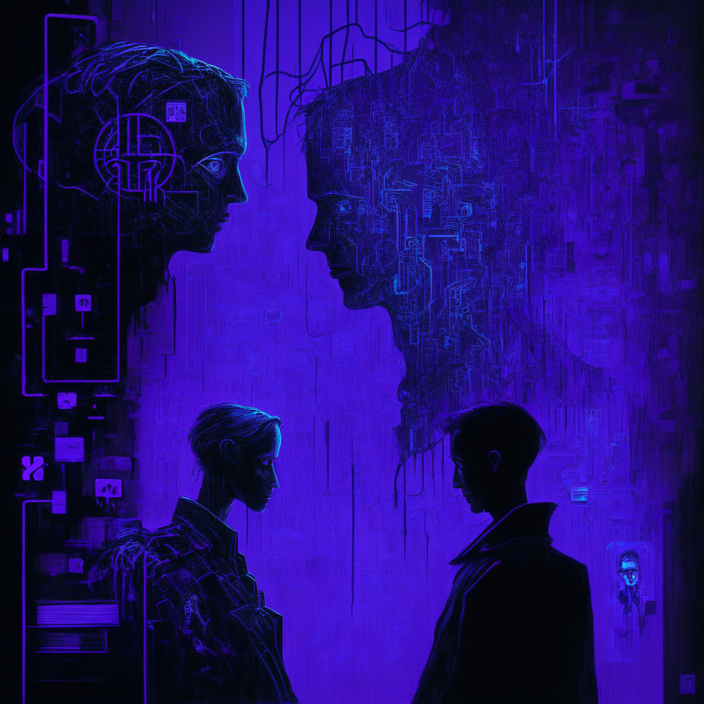 An abstract scene depicting the dualism of humans and artificial intelligence, painted in shades of cyberpunk aesthetic, Midnight blue contrasted with neon purples depicting the intrigue and uncertainty. Ethereal portraits of humans and AI, a representation of Ethereum's co-founder discussing decentralization and proof of personhood, a symbolic puzzle piece, hinting at a hybrid solution, deep shadows, hinting at looming threats, and bright highlights suggesting hope for harmony.