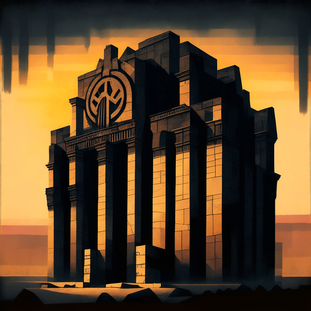 An imposing stone building signifying the European Banking Authority, a series of overlapped stablecoin symbols, showing intricate connections, and a looming dark shadow symbolic of new regulations. The scene is veiled by hazy sunset hues, symbolizing the uncertainty and the nearing deadline. The neo-expressionist style, showcasing contrast, expresses the tension and anticipation.