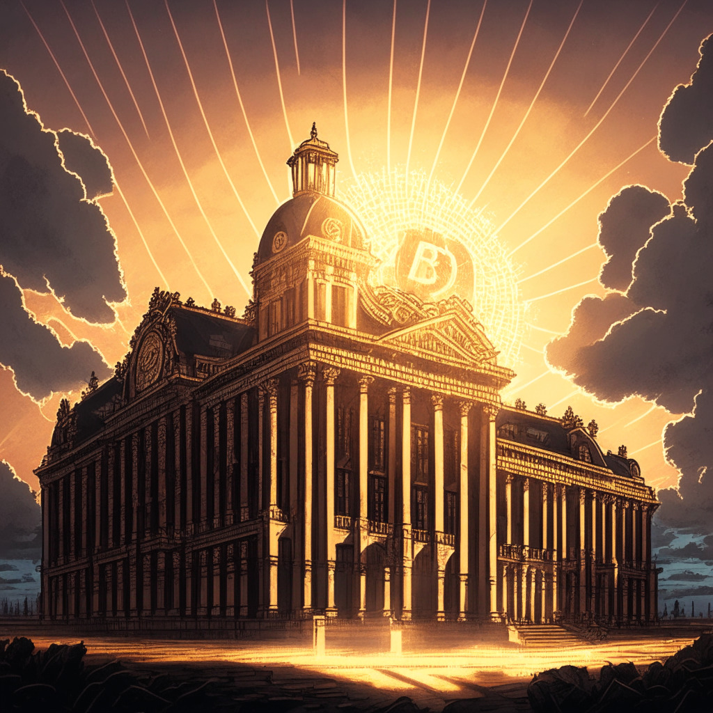 A Victorian-style illustration of a grand European building, the symbolic representative of Europe's first Bitcoin ETF. The building shines brightly under the warm rays of an evening sunset, portraying resilience amidst a stormy and volatile cryptocurrency landscape. The sky is clouded, but streaks of light pierce through, indicating a hopeful outlook for future regulation and adaptation. The mood is both victorious and anticipatory.
