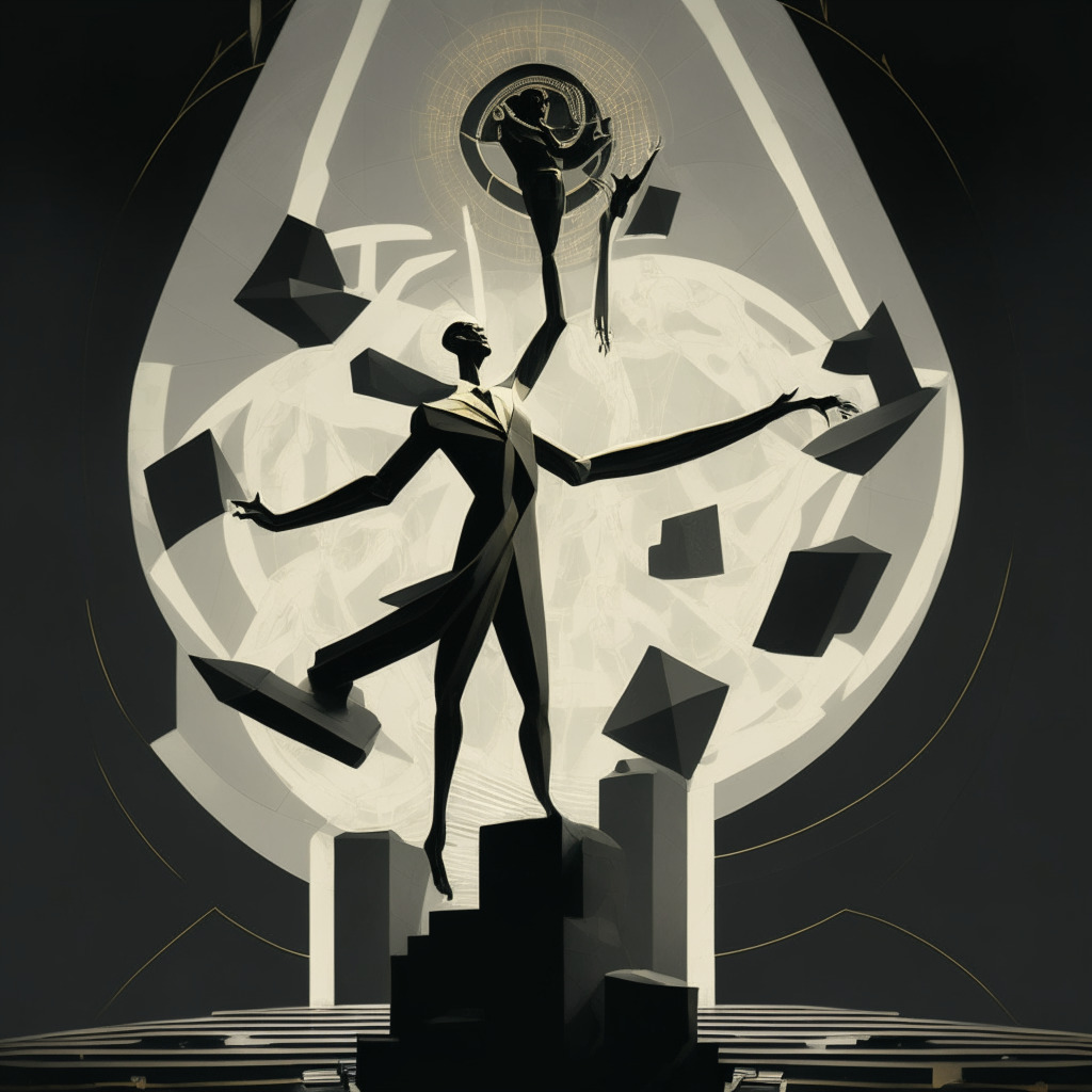 A monumental, grey-toned figure symbolizing former CFTC chairman, a golden balance scale delicately held in one hand, the other hand releasing a multitude of abstract crypto symbols into the air. The scene is rendered in a neo-futuristic style, lit by dusky twilight with contrasting sharp shadows. The atmosphere is tense, echoing imminent change and the complex dance of regulation and freedoms.