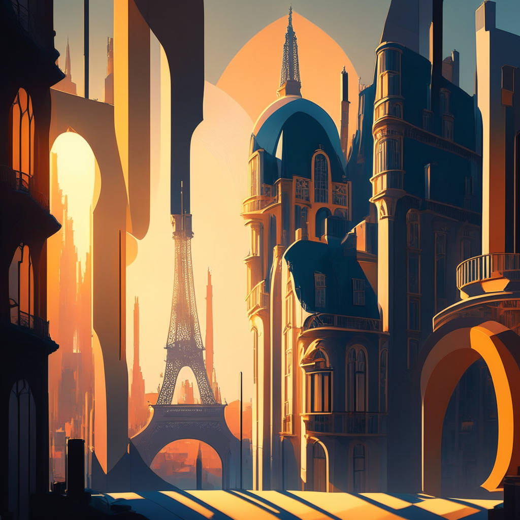 An abstract cityscape of France with digital hues, aspects of traditional and modern architecture fused with blockchain symbols in Art Nouveau style. Evening light casting long shadows, hinting the future of Web3. An ambience of anticipation and buoyancy.