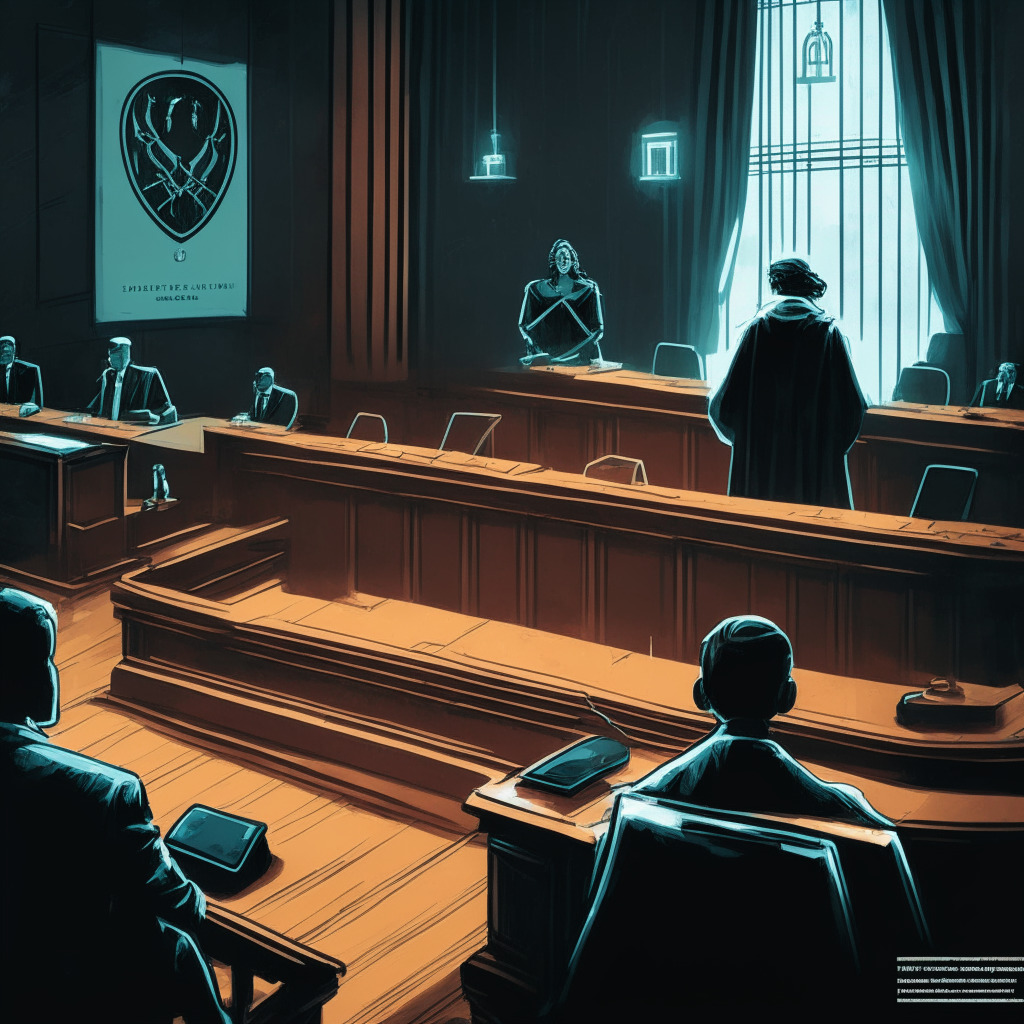 Imaginary courtroom scene in photorealism style, judge overseeing a trial, with a figure representing Shakeeb Ahmed on the stand accused of crypto related crimes, Dramatic spotlight hitting the stand, evoking a mixture of suspense and anxiety to create a somber mood, hints of blockchain symbols, crypto coins and smart contracts in bg, emblematic of DeFi systems undergoing cybersecurity trials and exploitations.