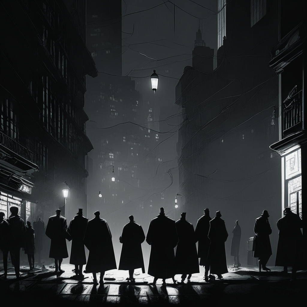 A noir-like scene depicting a gloomy, dystopian city referencing the notorious Arkham, populated by diverse faceless figures engaging in discreet exchanges under dim streetlights, sprawling ledger lines represent blockchain intertwined through the city, hinting conflict between privacy and transparency in a speculative ambiance.