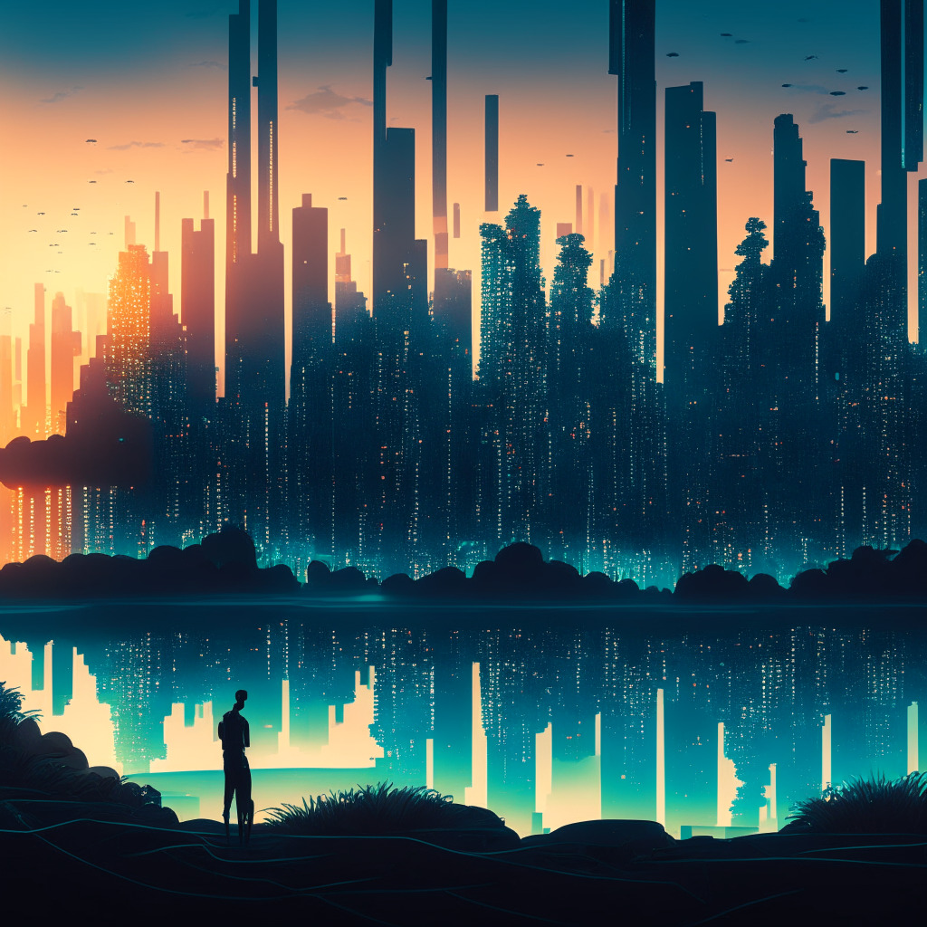 A dynamic scene of an intricate digital jungle, bathed in an early dawn light, reflecting regulatory changes and innovations in the world of cryptocurrency. A city skyline outlines the foreground, against a mysterious, blockchain-inspired sky. Shimmering, futuristic structures hint at a digital sandbox. Shadows are cast upon a figure reflecting investor anxieties while a streaming data river symbolizes global transactions. Style: Cubist-abstract, Mood: Anticipatory.