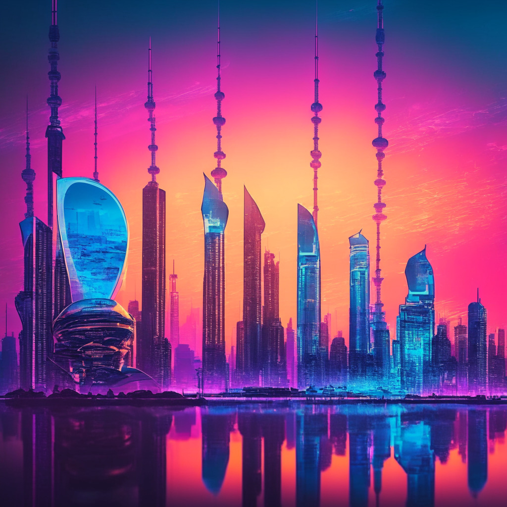 Sunset over futuristic Shanghai skyline marked by digital imagery, symbolizing the digital yuan. Chinese banks, classical and contemporary, interacting in a dynamic metropolis scene, displaying a shift towards digital currency. A blend of traditional Oriental aesthetics and cyberpunk art; metallic blue, neon pink, gold accents, portrays transformations of finance. Mood: Intriguing, cautious optimism.