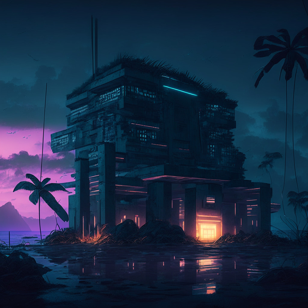 An abandoned cryptocurrency exchange on a twilight-lit Pacific island, remnants of a fallen empire glimmering with spectral, cyberpunk aesthetic. Foreground boasting a saga of survival bunkers and phantom genetic labs masked in the shadows, symbolizing innovation and misuse. In the background, courthouse-style architecture announces a trial, a beacon of regulation, and hope. Mood: dystopian yet optimistic.