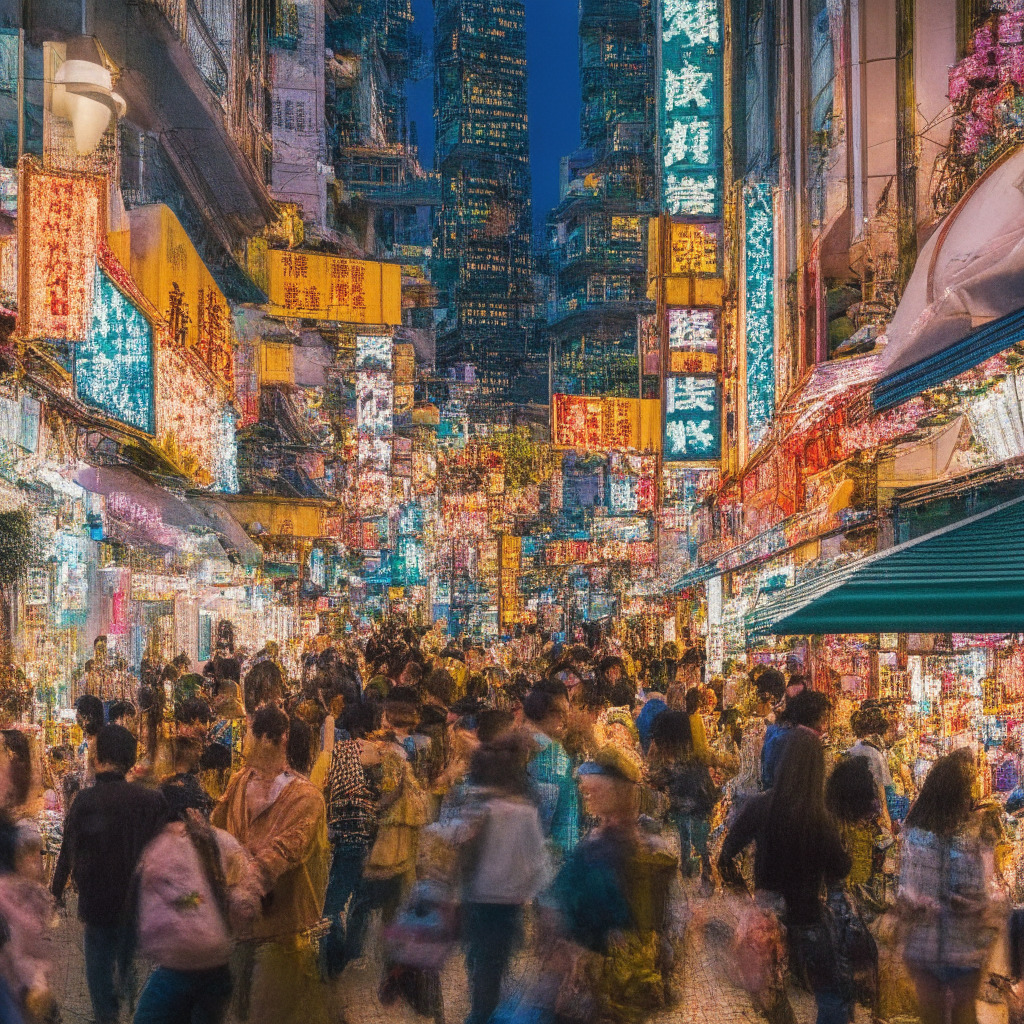 A bustling Hong Kong shopping scene at dusk awash in warm, inviting lights. The lantern-lit streets teem with retailers, like a children's clothing store, electronics outlets and convenience stores that harken to traditional Chinese architecture but thrum with digital modernity. It's playful yet sophisticated, reflecting the excitement of novel digital yuan transactions. Shoppers, mainly Chinese tourists, interact freely with QR coded items, reveling in the futuristic shopping experience and enjoying the consequential discounts. The mood is electric, symbolizing the dawn of a new era in digital currency and cross-border commerce.