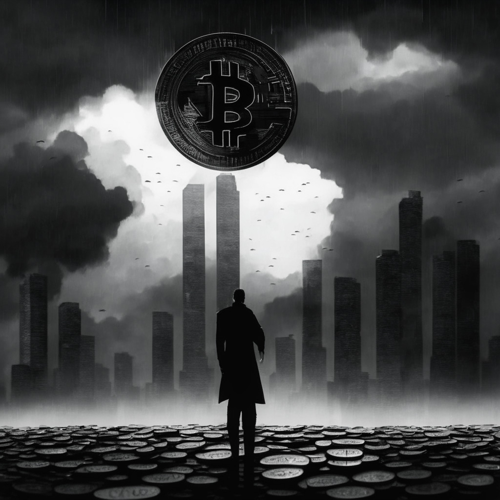 Dystopian digital currency scene with Federal Reserve in background under a moody, overcast sky, A silhouette of a figure clutching digital coins with question marks inscribed. Small crowd in the foreground, gesturing towards a futuristic city embossed on a digital coin. Artistically rendered in noir style indicating unease and privacy concerns.