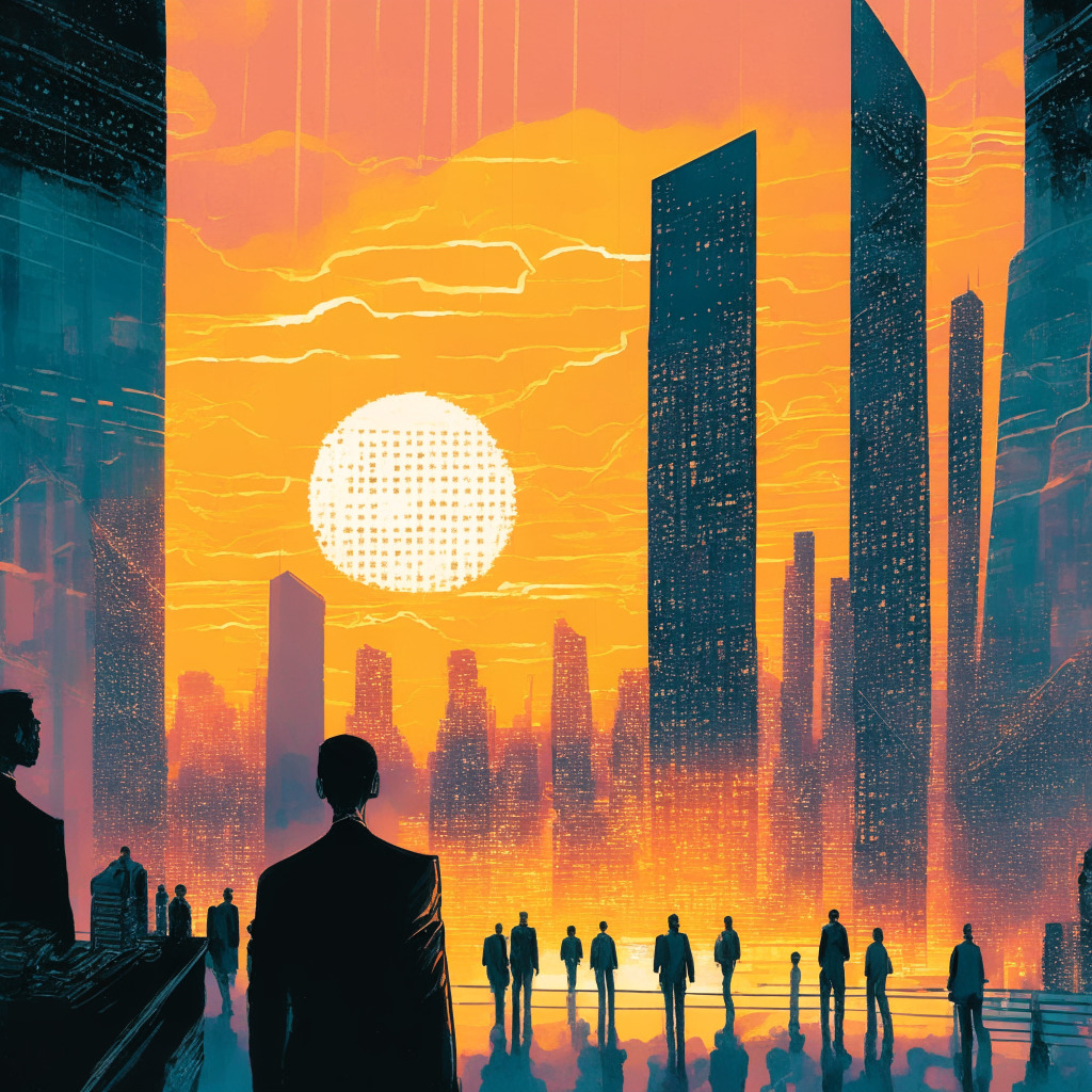 A cybernetic panorama of Hong Kong, bathed in the cool glow of an otherworldly sunset. Add a geometric network suggesting the blockchain, radiating from a government building. Financial Secretary Paul Chan and group of diverse professionals are meeting, sketched in an impressionistic, dreamlike style. Atmosphere is charged with optimism, but underlying notes of caution hint at unseen risks.