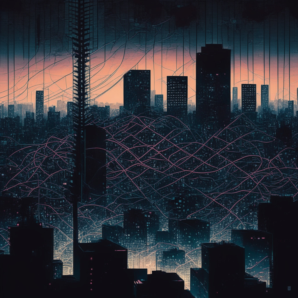 An abstract cityscape of Tokyo at dusk, digital lights illuminating a complex web of interconnected blocks, symbolizing the Web3 landscape. Artistic style marries traditional Japanese ukiyo-e with cyberpunk tones, Mood is cautiously optimistic, as mystic fog lingering indicates challenges ahead. Foreground, a silhouette of a net, representing funding, cast over the cityscape.