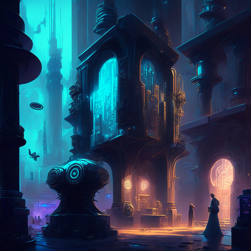 A bustling Decentralized Financial hub in a cyberpunk style, dusk light casting long shadows. Maker tokens represented by ornate, shining coins, being drawn towards a 'Smart Burn Engine' depicted by a futuristic machine. Mood is anticipation mixed with uncertainty, dappled with hues of mystique and blue.