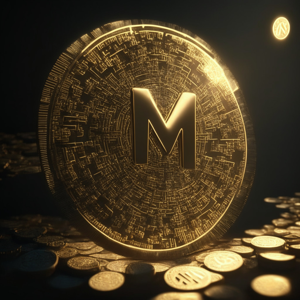 An intricately detailed, mid-century style animation of a stately gold and silver coin embedded with the initials 'MNT', rising against the background of a technology-inspired 3-layer blockchain network. The coin emits a warm glow in a low light setting. The surrounding ether pulsates as symbols of smaller, falling coins (representing rival tokens) scatter, set against a backdrop of a choppy sea to denote market volatility. Conveying a mood of anticipatory triumph mixed with uncertainty.