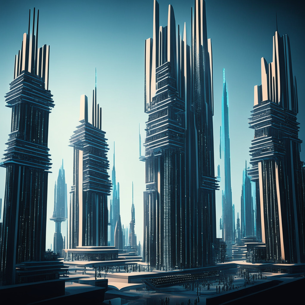 A futuristic city with towering glass buildings hosting servers, displays overflows with lines of code, hinting at a complex blockchain network. Central to the scene, three architectural pillars stand high: 1) A democratic assembly with individuals partaking in debates, suggesting changes, and casting votes, 2) A distinguished council room filled with virtuous beings discussing and overseeing system amendments, and 3) A grand treasury full of shimmering, ethereal currency, backing ambitious projects. The cityscape embodies an air of cautious optimism for the potential of community-led innovations in a high-tech landscape. The scene balances the contrast between dusk and dawn, symbolising the transition and uncertainty of this bold new governance model.