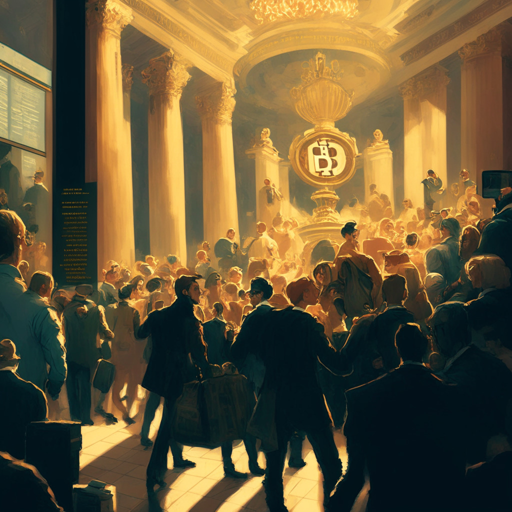 A bustling stock exchange floor bathed in warm, dynamic light, nuanced Baroque-style painting. Traders' animated faces, merging on a large screen depicting a digital Bitcoin symbol. A dichotomous scene with anticipation and concerns. A mysterious figure calmly observes the scene, symbolizing future-based ETFs' resilience.